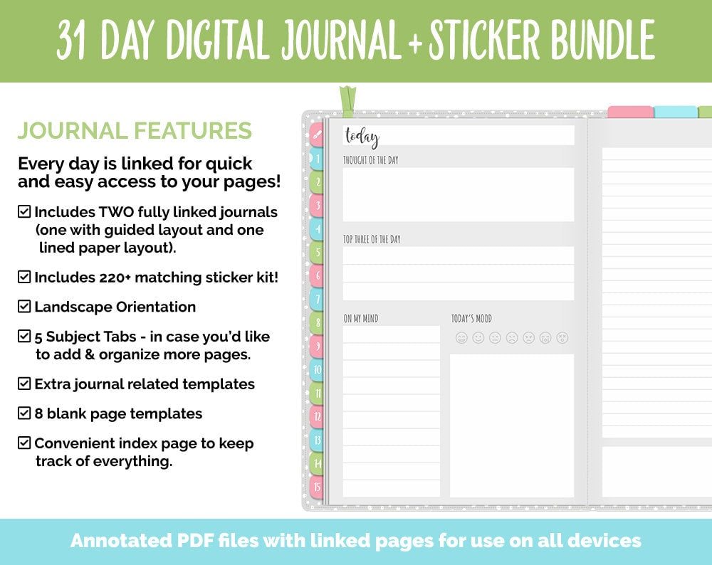 31 Day Digital Journal + Sticker Bundle | Jolly Theme