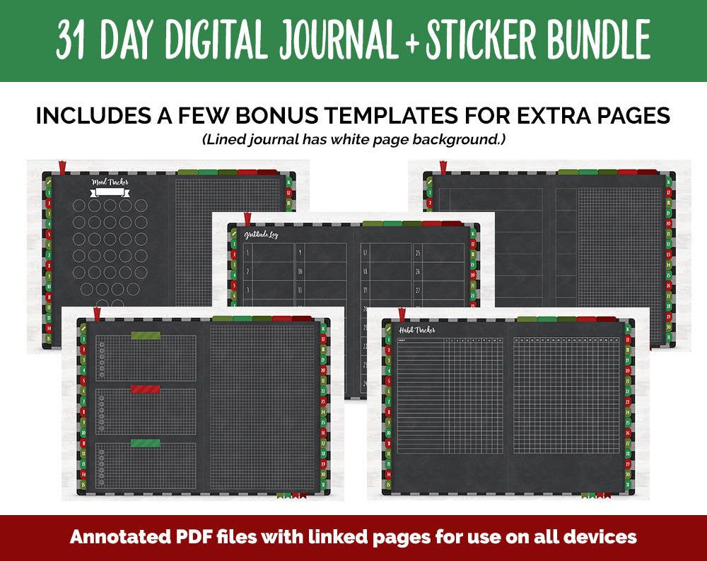 31 Day Digital Journal + Sticker Bundle | Holly Theme
