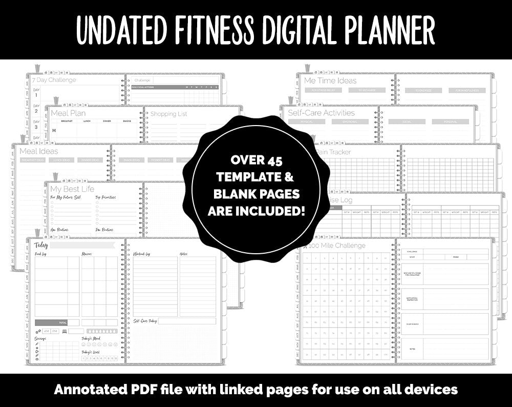 Undated Digital Fitness Planner | Whiteout | Goodnotes & iPad | Workout, Diet, Weight Loss, Self-Care and Health