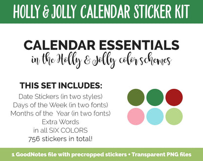 Holly & Jolly Calendar Essentials Digital Planner Stickers | GoodNotes, iPad and Android | Dates, Days of the Week, Months