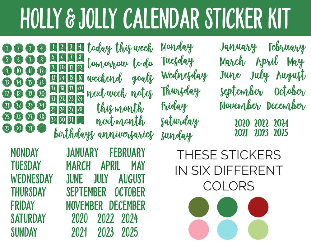 Holly & Jolly Calendar Essentials Digital Planner Stickers | GoodNotes, iPad and Android | Dates, Days of the Week, Months
