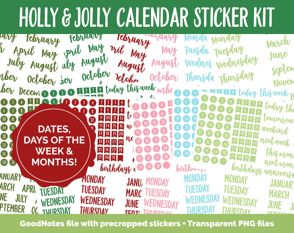 Holly & Jolly Calendar Essentials Digital Planner Stickers | GoodNotes, iPad and Android | Dates, Days of the Week, Months