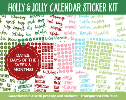 Holly & Jolly Calendar Essentials Digital Planner Stickers | GoodNotes, iPad and Android | Dates, Days of the Week, Months