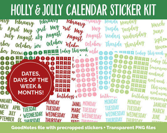 Holly & Jolly Calendar Essentials Digital Planner Stickers | GoodNotes, iPad and Android | Dates, Days of the Week, Months