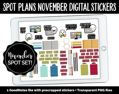 Spot Plans November Digital Stickers | GoodNotes, iPad and Android | Thanksgiving, Fall, Autumn, Pumpkins, Adulting, Planning