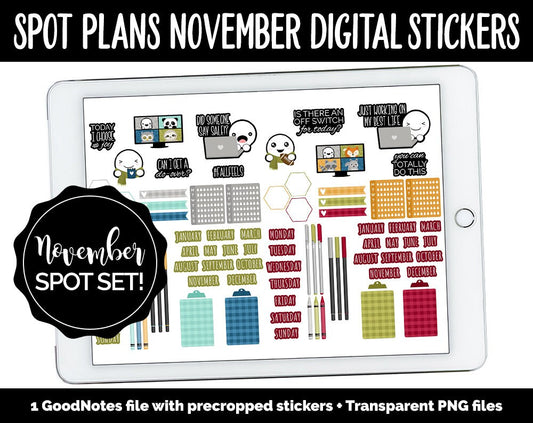 Spot Plans November Digital Stickers | GoodNotes, iPad and Android | Thanksgiving, Fall, Autumn, Pumpkins, Adulting, Planning
