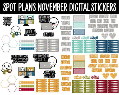 Spot Plans November Digital Stickers | GoodNotes, iPad and Android | Thanksgiving, Fall, Autumn, Pumpkins, Adulting, Planning