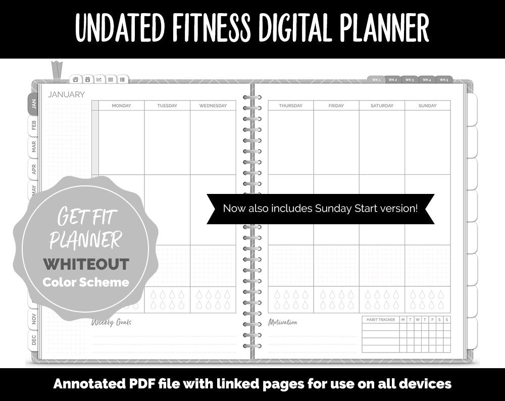 Undated Digital Fitness Planner | Whiteout | Goodnotes & iPad | Workout, Diet, Weight Loss, Self-Care and Health