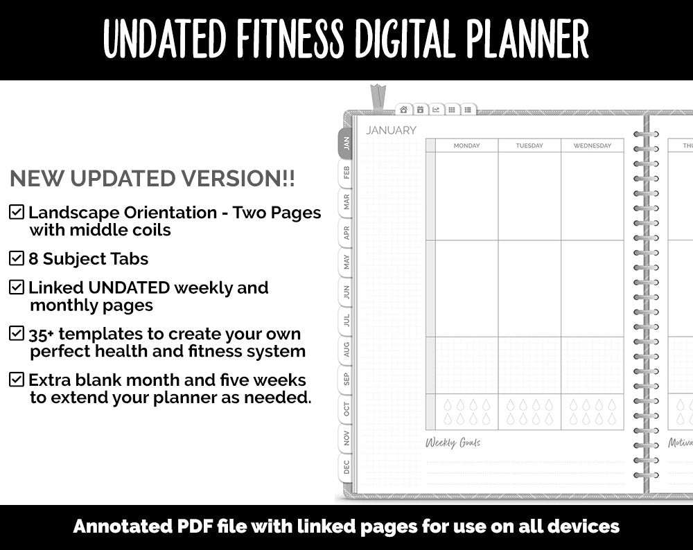 Undated Digital Fitness Planner | Whiteout | Goodnotes & iPad | Workout, Diet, Weight Loss, Self-Care and Health