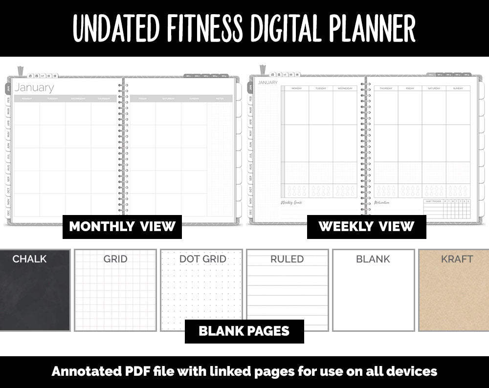 Undated Digital Fitness Planner | Whiteout | Goodnotes & iPad | Workout, Diet, Weight Loss, Self-Care and Health