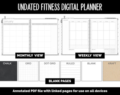 Undated Digital Fitness Planner | Whiteout | Goodnotes & iPad | Workout, Diet, Weight Loss, Self-Care and Health