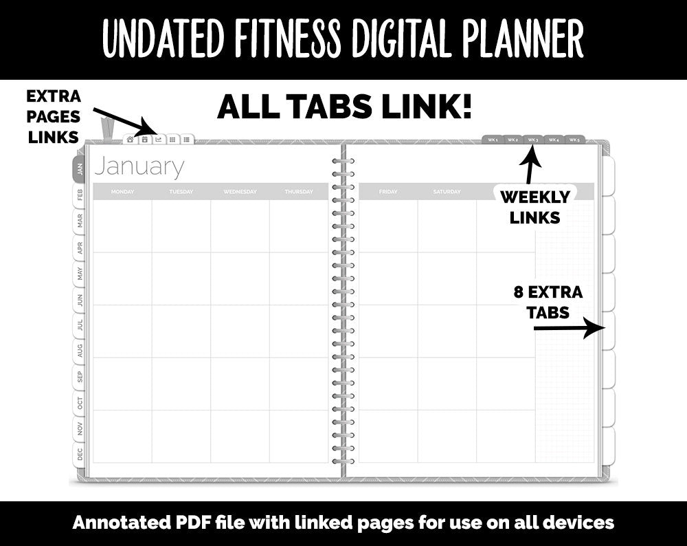 Undated Digital Fitness Planner | Whiteout | Goodnotes & iPad | Workout, Diet, Weight Loss, Self-Care and Health