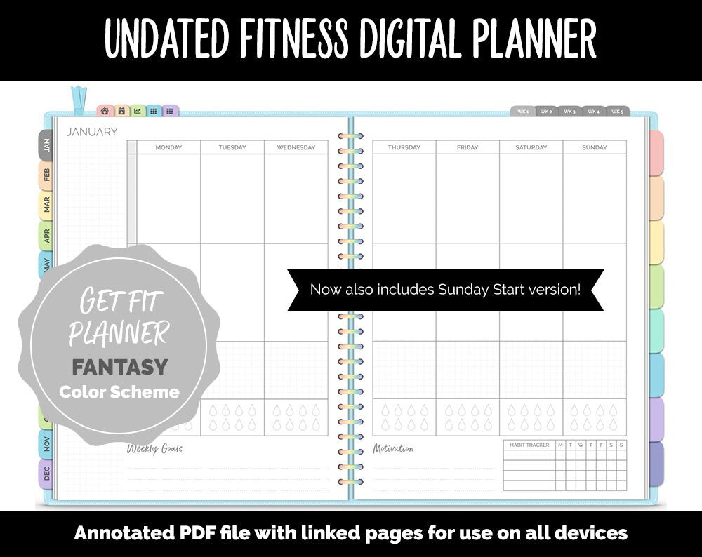 Undated Digital Fitness Planner | Fantasy | Goodnotes & iPad | Workout, Diet, Weight Loss, Self-Care and Health