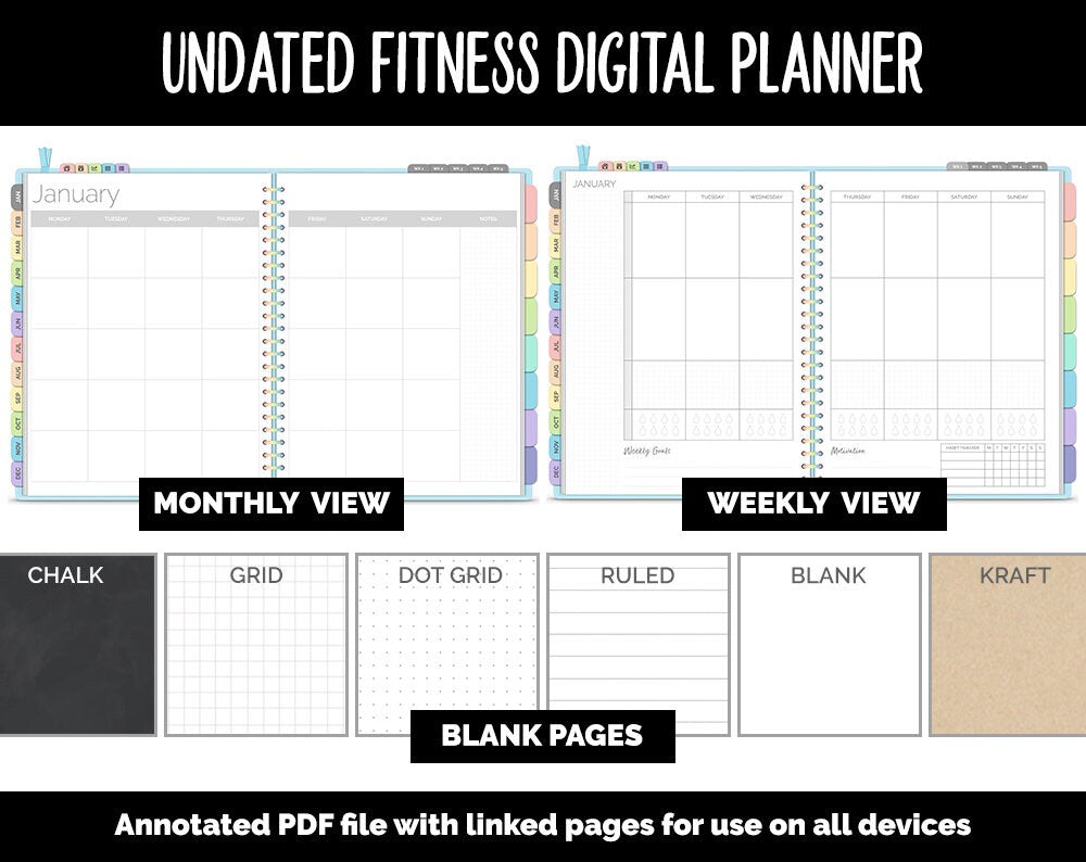 Undated Digital Fitness Planner | Fantasy | Goodnotes & iPad | Workout, Diet, Weight Loss, Self-Care and Health