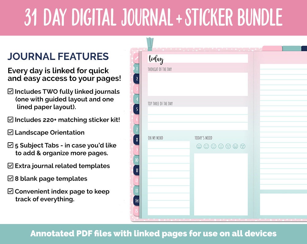 31 Day Digital Journal + Sticker Bundle | Harmony Theme