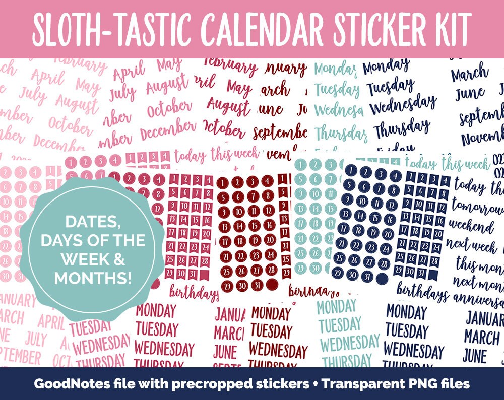 Sloth-tastic Calendar Essentials Digital Planner Stickers | GoodNotes, iPad and Android | Dates, Days of the Week, Months
