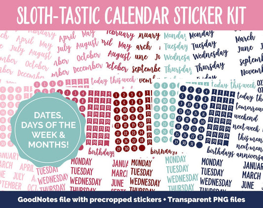 Sloth-tastic Calendar Essentials Digital Planner Stickers | GoodNotes, iPad and Android | Dates, Days of the Week, Months