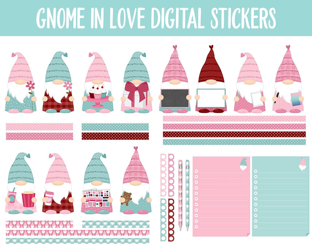 Gnome in Love Digital Planner Stickers | GoodNotes, iPad and Android | Valentine's Day, Tasks, Adulting