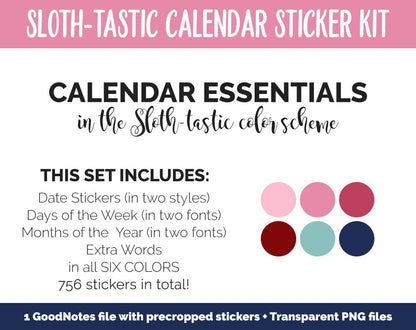 Sloth-tastic Calendar Essentials Digital Planner Stickers | GoodNotes, iPad and Android | Dates, Days of the Week, Months
