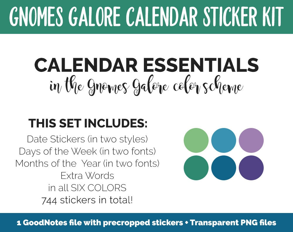 Gnomes Galore Calendar Essentials Digital Planner Stickers | GoodNotes, iPad and Android | Dates, Days of the Week, Months