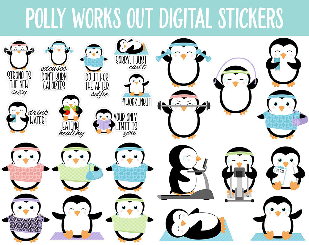 Polly Works Out Digital Stickers | GoodNotes & iPad | Workout, Fitness, Healthy, Diet, Trackers, Penguin, Exercise