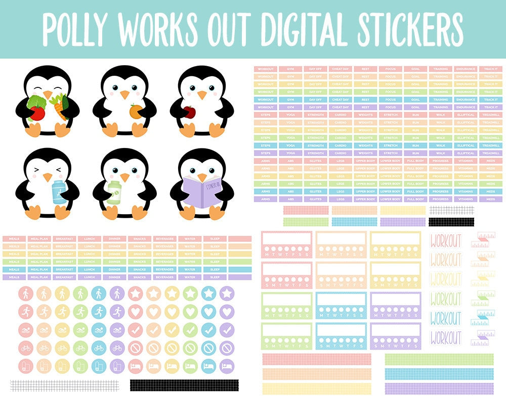 Polly Works Out Digital Stickers | GoodNotes & iPad | Workout, Fitness, Healthy, Diet, Trackers, Penguin, Exercise