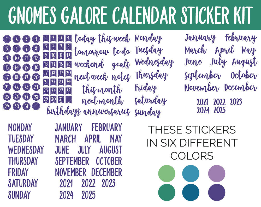 Gnomes Galore Calendar Essentials Digital Planner Stickers | GoodNotes, iPad and Android | Dates, Days of the Week, Months