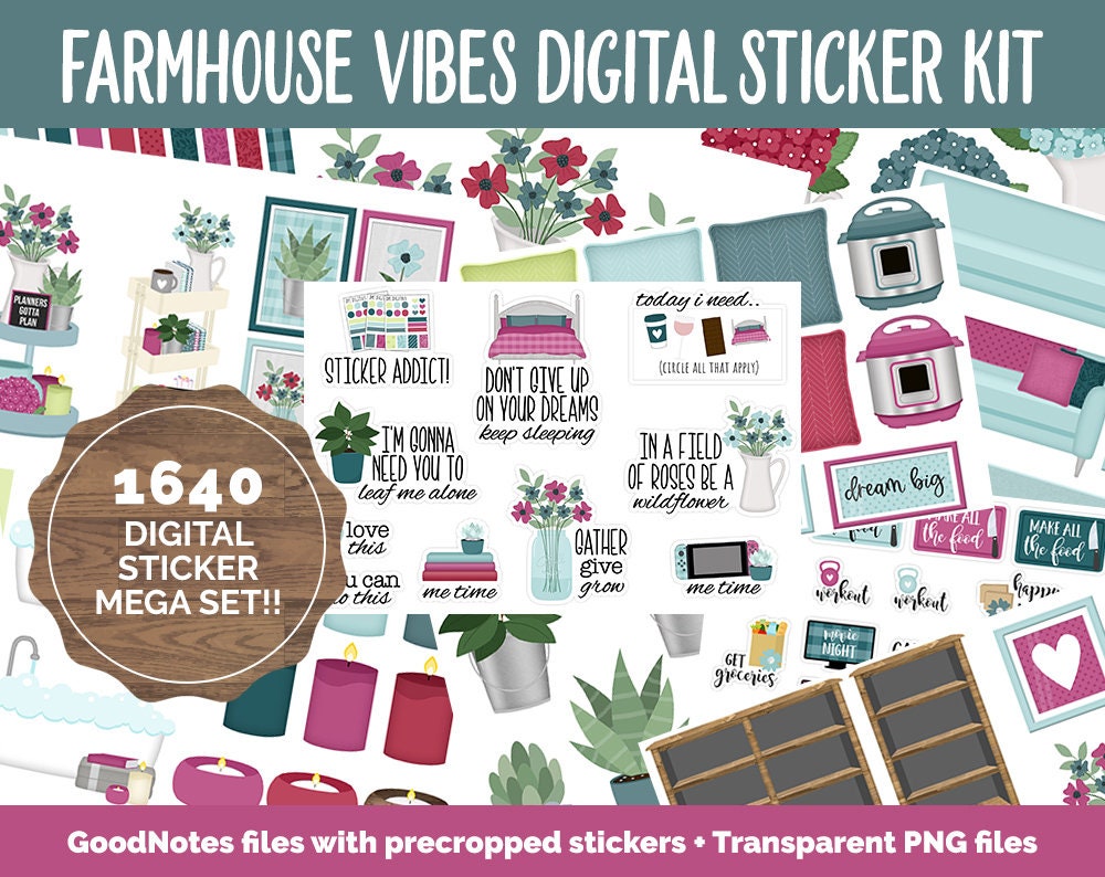 Farmhouse Vibes Digital Sticker Mega Bundle | GoodNotes & iPad | April, Spring, Flowers, Garden, Home, Adulting, Tasks