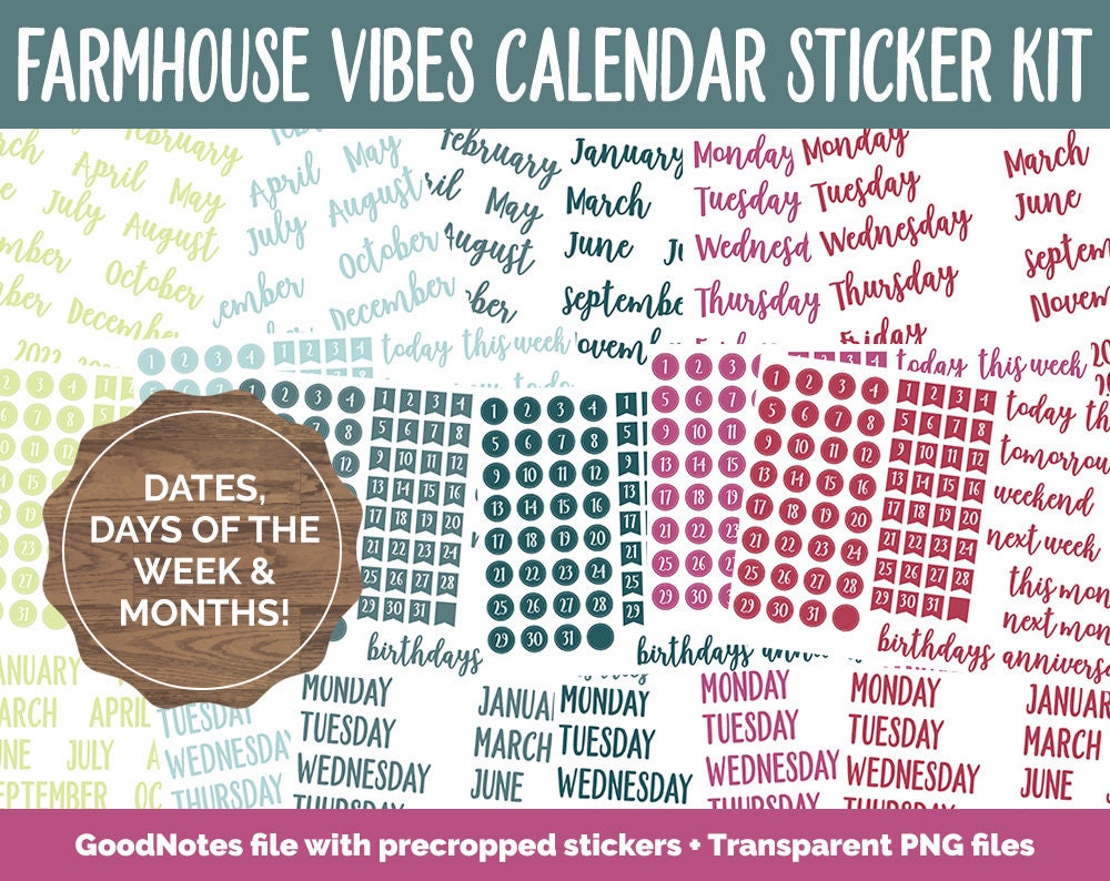 Farmhouse Vibes Calendar Essentials Digital Planner Stickers | GoodNotes, iPad and Android | Dates, Days of the Week, Months