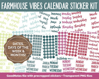 Farmhouse Vibes Calendar Essentials Digital Planner Stickers | GoodNotes, iPad and Android | Dates, Days of the Week, Months