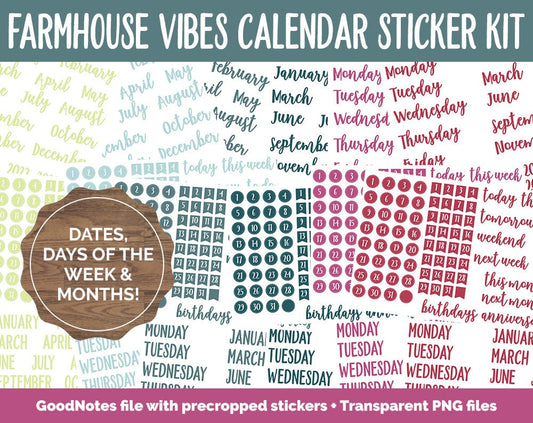 Farmhouse Vibes Calendar Essentials Digital Planner Stickers | GoodNotes, iPad and Android | Dates, Days of the Week, Months