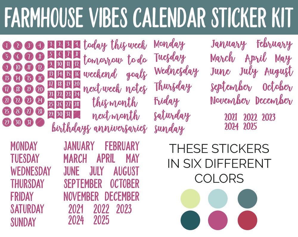 Farmhouse Vibes Calendar Essentials Digital Planner Stickers | GoodNotes, iPad and Android | Dates, Days of the Week, Months