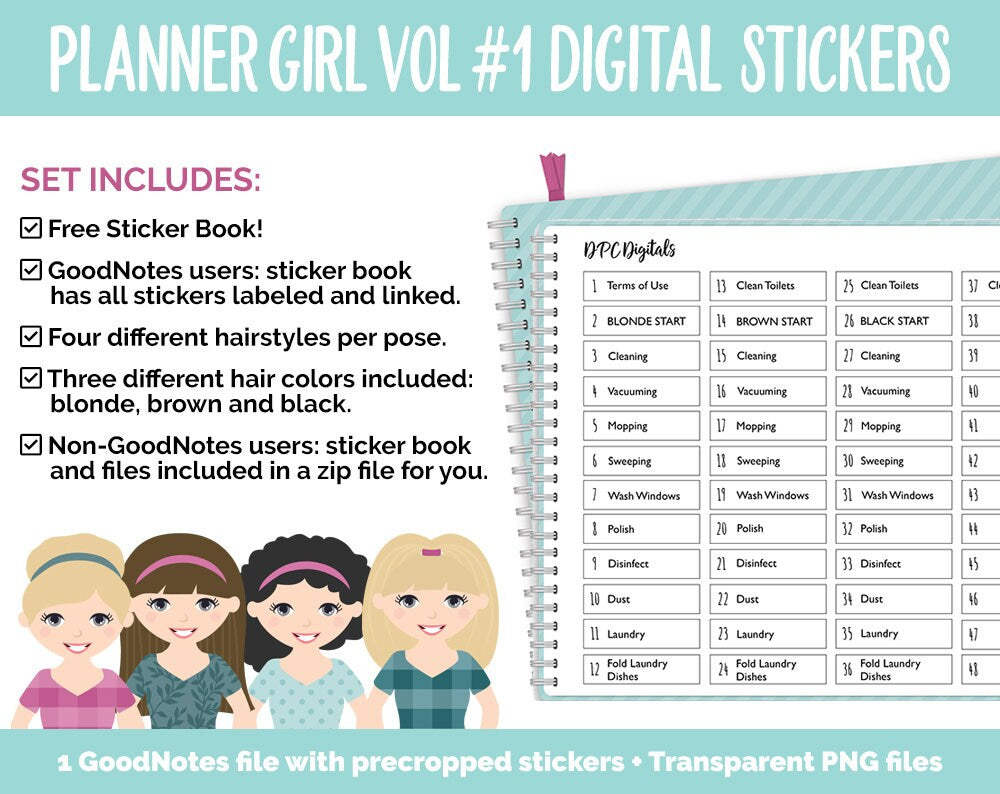 Planner Girls Vol #1 Domestic Divas Digital Stickers | Light Skin | GoodNotes, iPad and Android | Chores, Tasks, Clean