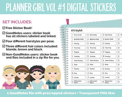Planner Girls Vol #1 Domestic Divas Digital Stickers | Light Skin | GoodNotes, iPad and Android | Chores, Tasks, Clean