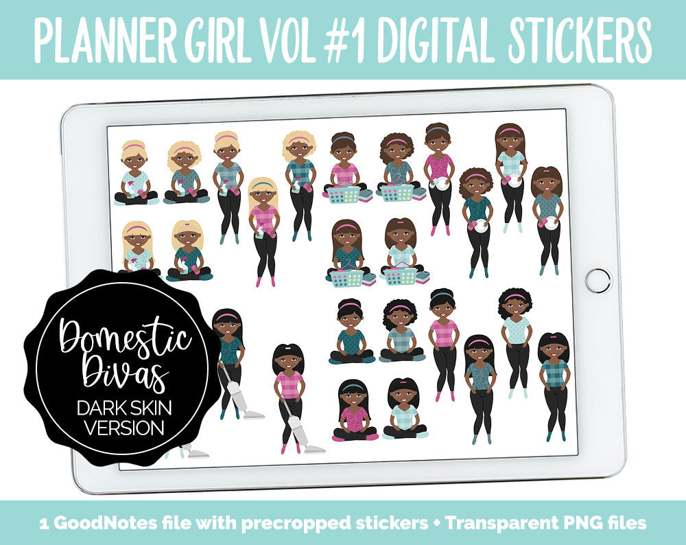 Planner Girls Vol #1 Domestic Divas Digital Stickers | Dark Skin | GoodNotes, iPad and Android | Chores, Tasks, Clean