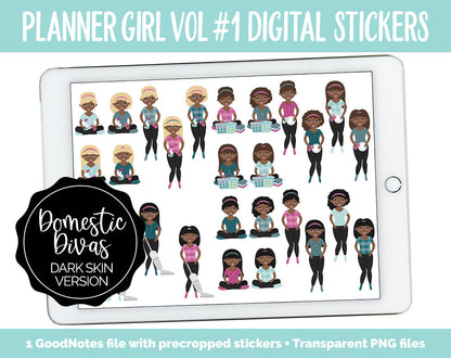 Planner Girls Vol #1 Domestic Divas Digital Stickers | Dark Skin | GoodNotes, iPad and Android | Chores, Tasks, Clean