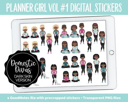 Planner Girls Vol #1 Domestic Divas Digital Stickers | Dark Skin | GoodNotes, iPad and Android | Chores, Tasks, Clean