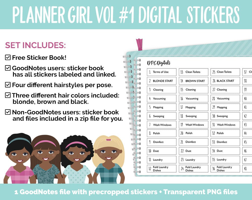 Planner Girls Vol #1 Domestic Divas Digital Stickers | Dark Skin | GoodNotes, iPad and Android | Chores, Tasks, Clean