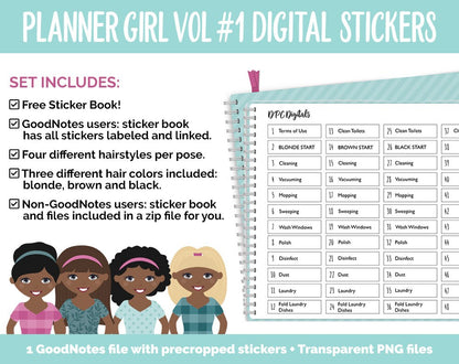 Planner Girls Vol #1 Domestic Divas Digital Stickers | Dark Skin | GoodNotes, iPad and Android | Chores, Tasks, Clean