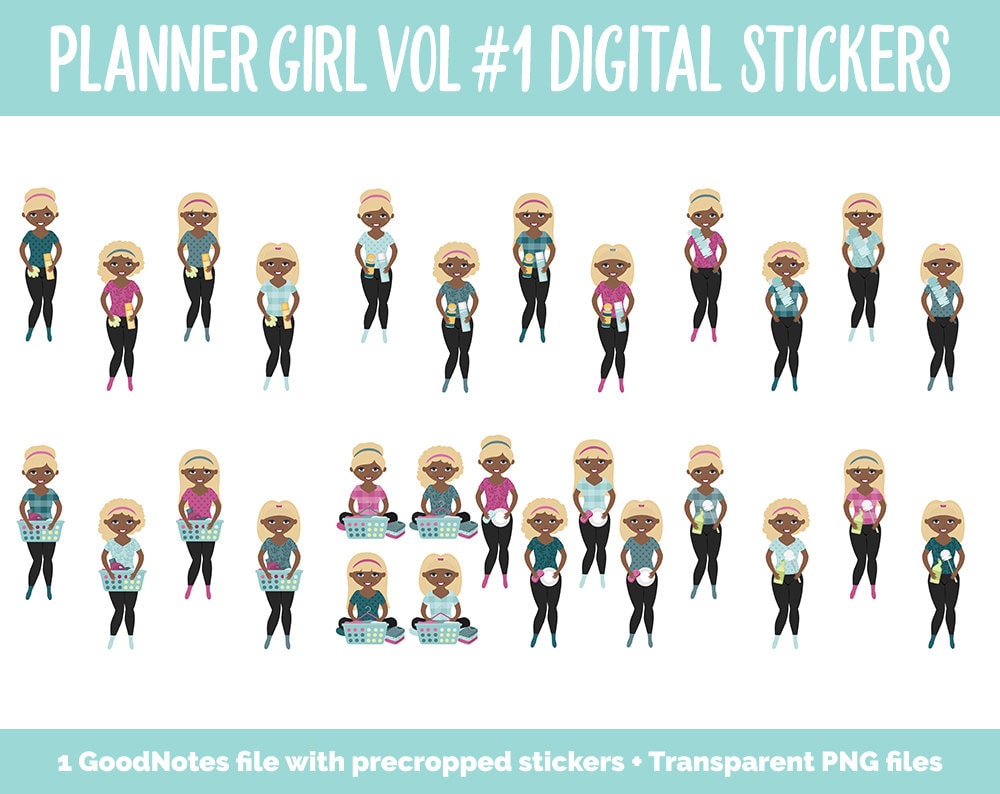 Planner Girls Vol #1 Domestic Divas Digital Stickers | Dark Skin | GoodNotes, iPad and Android | Chores, Tasks, Clean