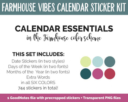 Farmhouse Vibes Calendar Essentials Digital Planner Stickers | GoodNotes, iPad and Android | Dates, Days of the Week, Months