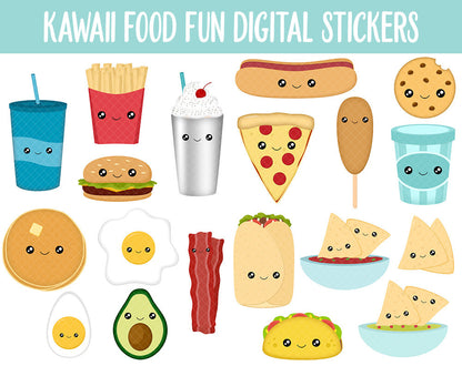 Kawaii Food Fun Vol #1 Quick Foods Digital Stickers | GoodNotes, iPad and Android | Junk Food, Fruit, Chips Salsa, Cute