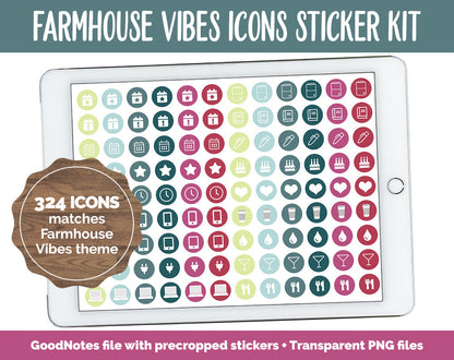 Farmhouse Vibes Icon Digital Planner Stickers | GoodNotes, iPad and Android | Icons, Life, Weather, Everyday