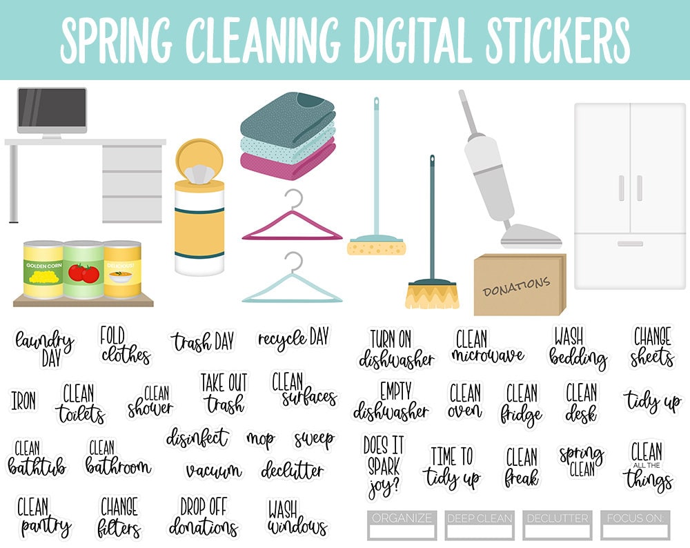 Spring Cleaning Digital Stickers | GoodNotes, iPad and Android | Chores, Tasks, Clean, Tidy, Organize, Spring Clean