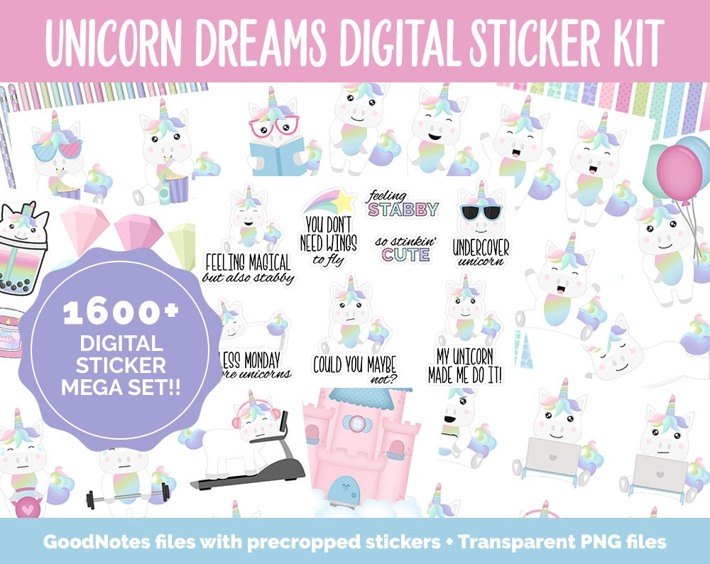 Unicorn Dreams Digital Sticker Mega Bundle | GoodNotes & iPad | Fantasy, May, Castle, Kawaii, Adulting, Moods, Tasks