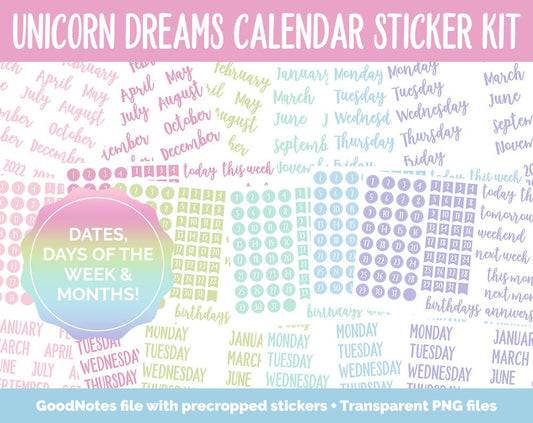 Unicorn Dreams Calendar Essentials Digital Planner Stickers | GoodNotes, iPad and Android | Dates, Days of the Week, Months