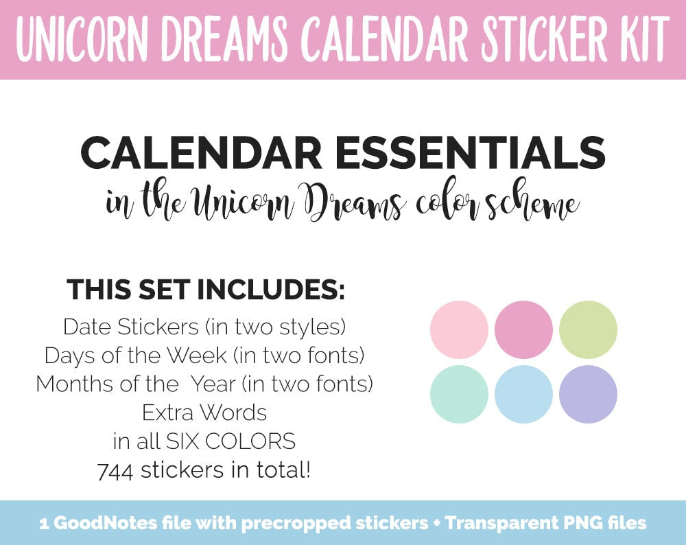 Unicorn Dreams Calendar Essentials Digital Planner Stickers | GoodNotes, iPad and Android | Dates, Days of the Week, Months