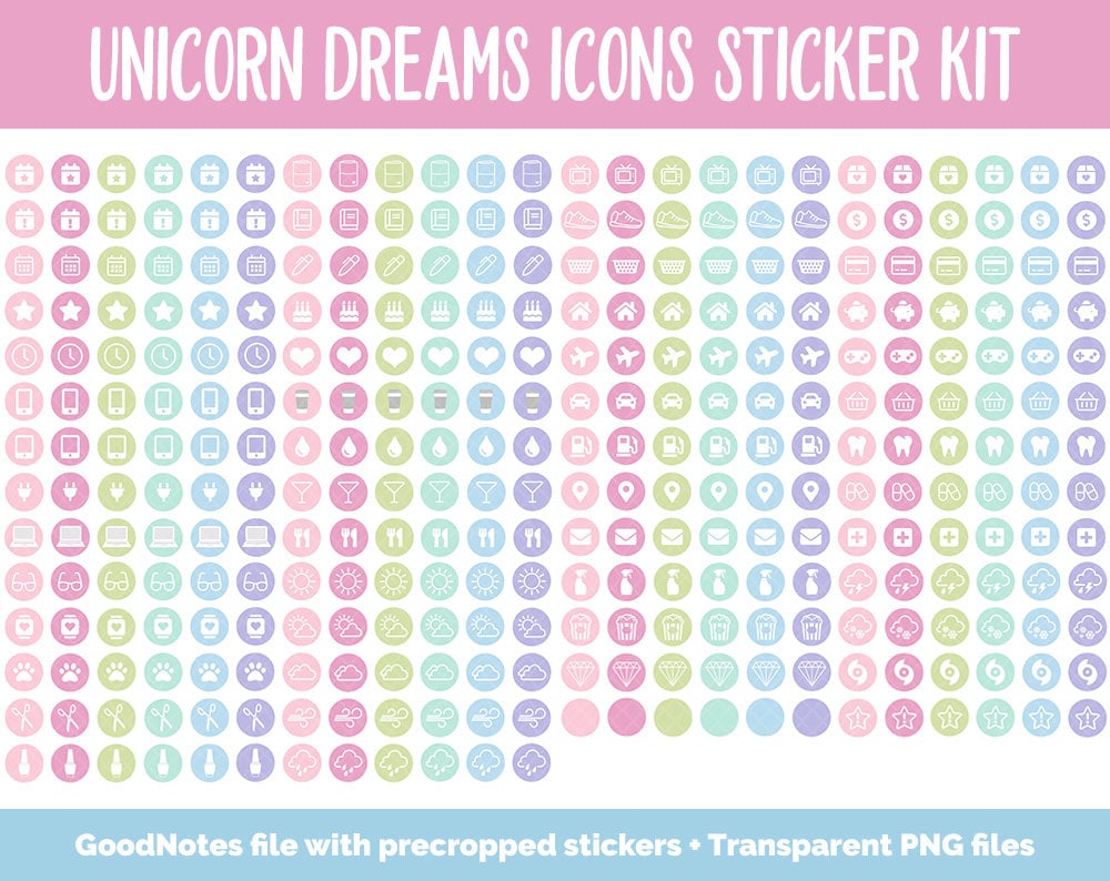 Unicorn Dreams Icon Digital Planner Stickers | GoodNotes, iPad and Android | Icons, Life, Weather, Everyday