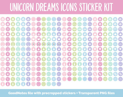 Unicorn Dreams Icon Digital Planner Stickers | GoodNotes, iPad and Android | Icons, Life, Weather, Everyday