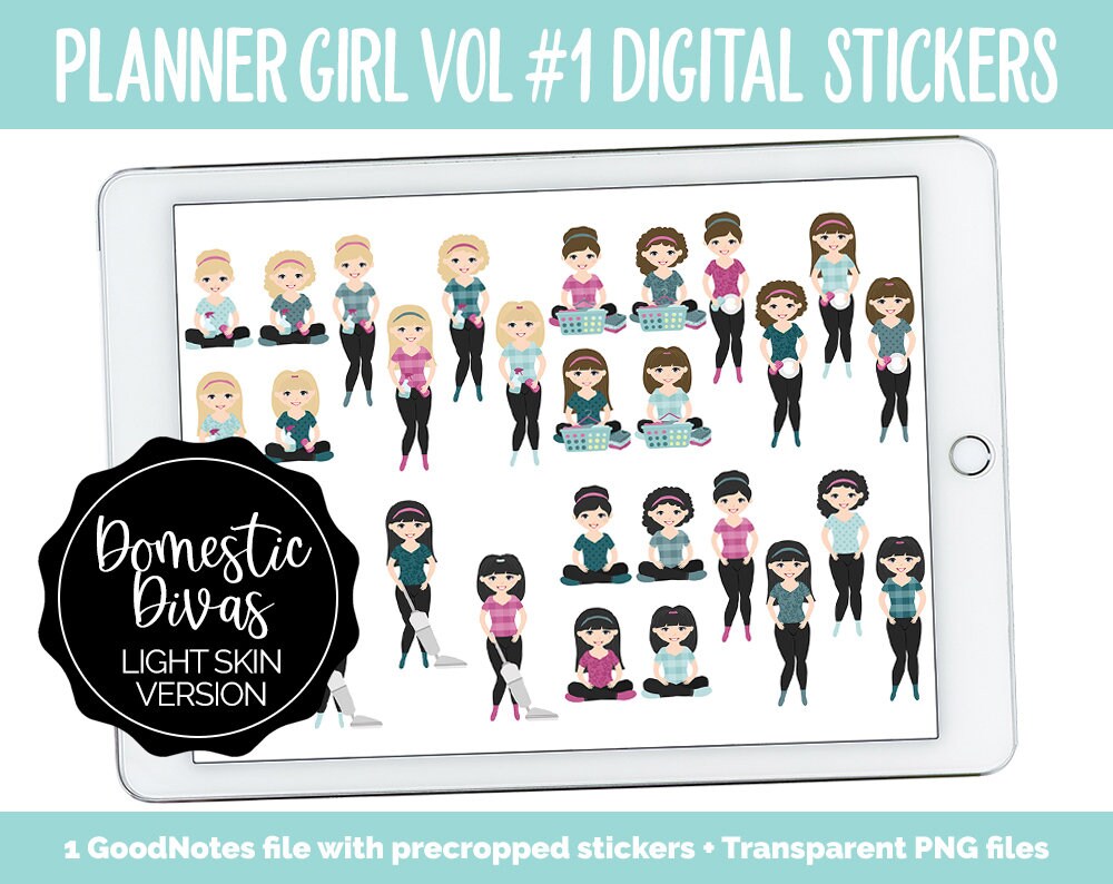 Planner Girls Vol #1 Domestic Divas Digital Stickers | Light Skin | GoodNotes, iPad and Android | Chores, Tasks, Clean